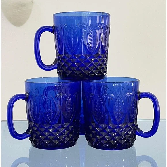 Set of 4 Arcoroc Blue Cobalt Royal Glass Mugs Made in France Vintage Coffee Cups - Picture 2 of 10